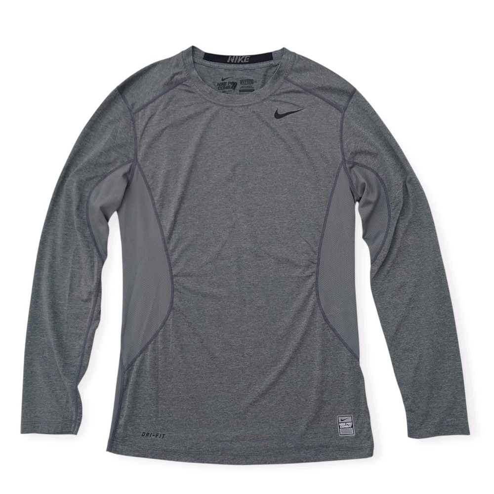 Nike Pro Combat Dri-Fit Fitted T-Shirt Mens S Gray Long Sleeve Vented Max Cool